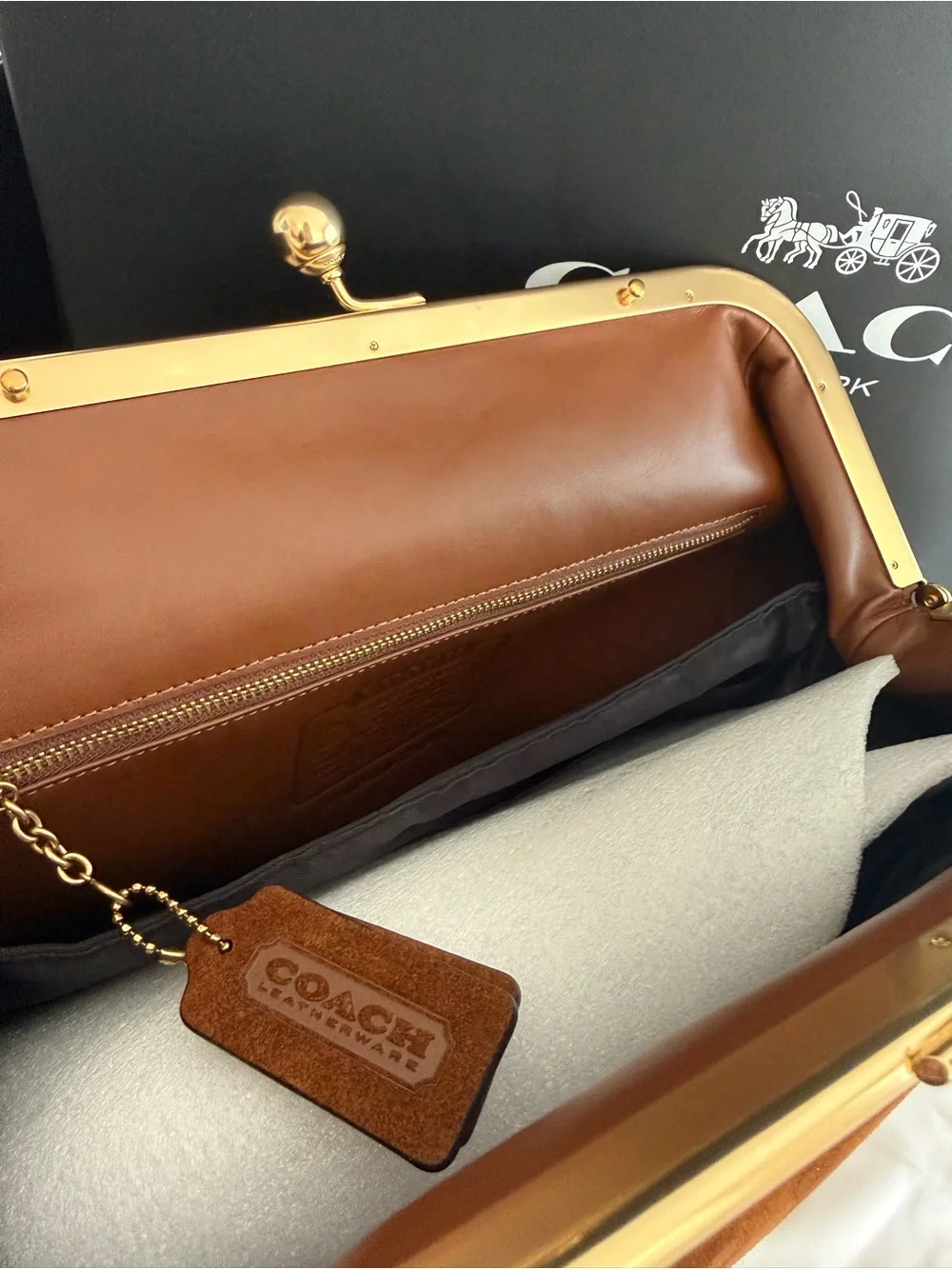 Coach Suede Frame Clutch in Saddle Brown with Gold Hardware